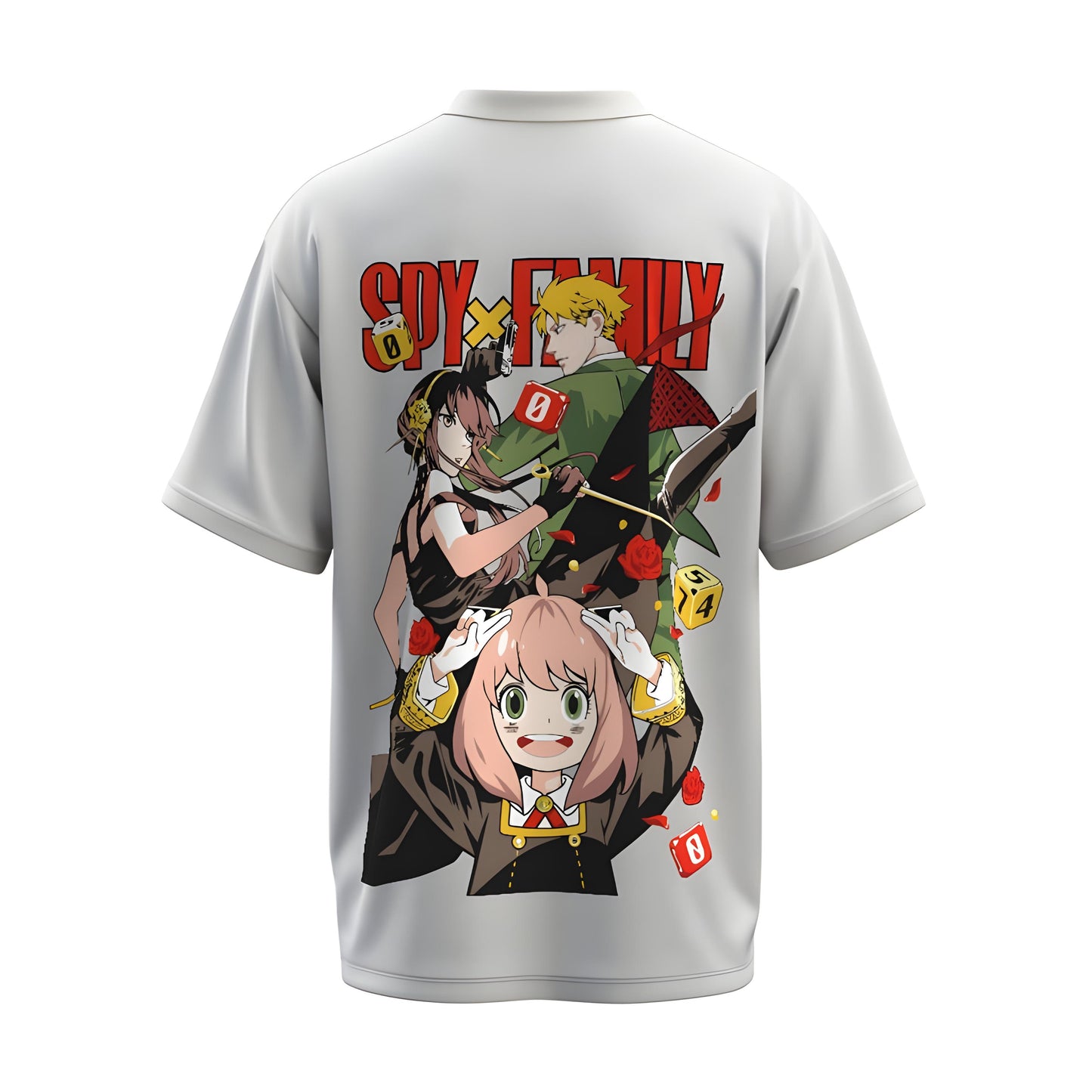 Back view of the premium oversized white t-shirt from Kashiba U with anime design inspired by Forger Family with Loid Forger, Yor Forger and Anya Chan from the anime Spy x Family printed at the back of the t-shirt. Shop trendy anime merch from the website of Kashiba U online. Buy Now!