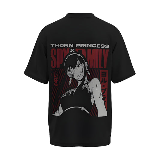 Back view of the premium oversized black t-shirt from Kashiba U with anime design inspired by Yor Forger the Thorn Princess from the anime Spy x Family printed at the back of the t-shirt. Shop trendy anime merch from the website of Kashiba U online. Buy Now!