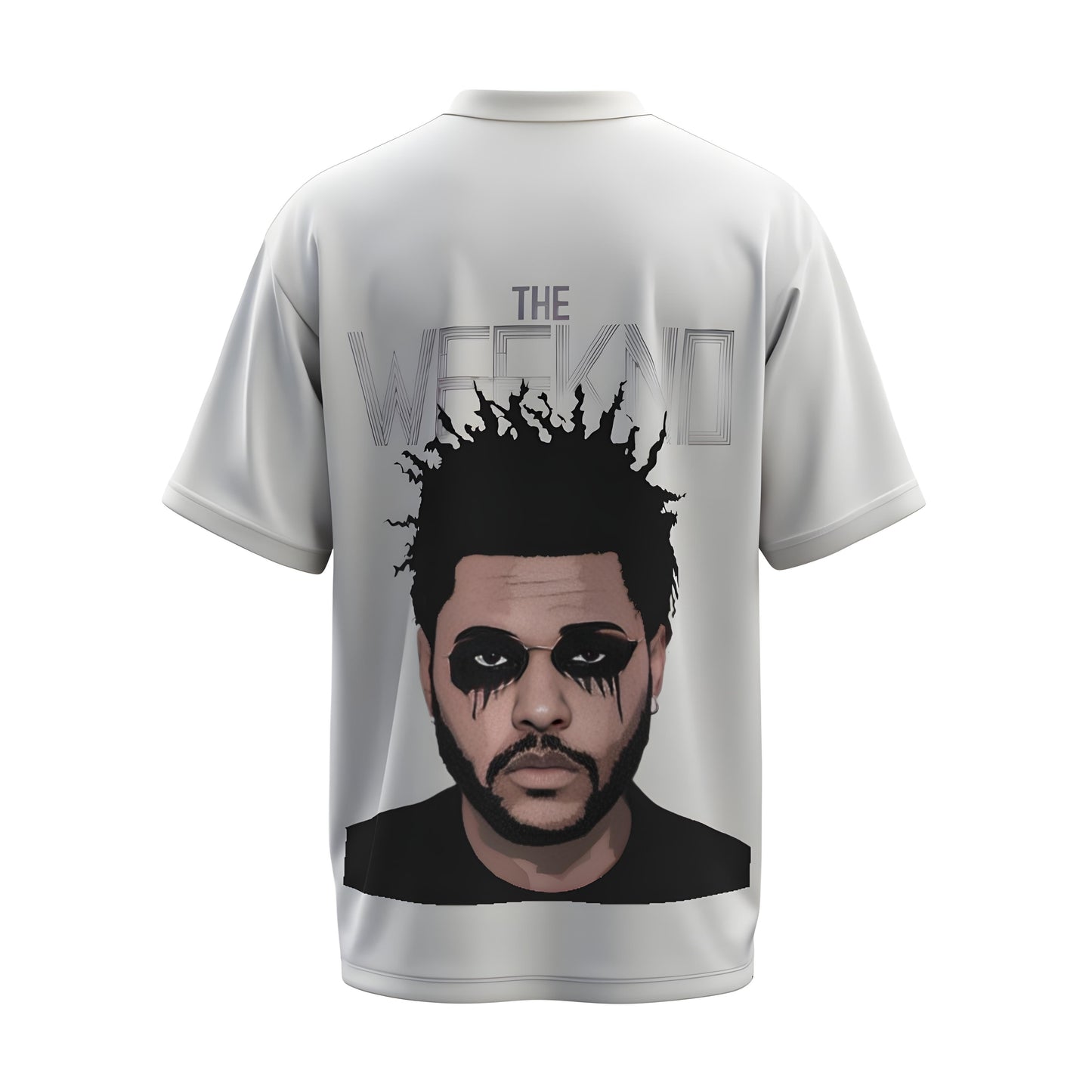 Back view of the premium oversized white t-shirt from Kashiba U with celebrity design inspired by the The Weeknd printed at the back of the t-shirt. Shop trendy merch perfect for every occasion for The Weeknd fans from Kashiba U online. Buy Now!