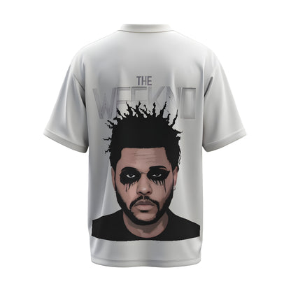 Back view of the premium oversized white t-shirt from Kashiba U with celebrity design inspired by the The Weeknd printed at the back of the t-shirt. Shop trendy merch perfect for every occasion for The Weeknd fans from Kashiba U online. Buy Now!