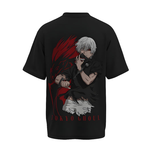 Back view of the premium oversized black t-shirt from Kashiba U with anime design inspired by Ken Kaneki in Ghoul form from the anime Tokyo Ghoul printed at the back of the t-shirt. Shop trendy anime merch from the website of Kashiba U online. Buy Now!