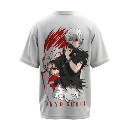 Back view of the premium oversized white t-shirt from Kashiba U with anime design inspired by Ken Kaneki in Ghoul form from the anime Tokyo Ghoul printed at the back of the t-shirt. Shop trendy anime merch from the website of Kashiba U online. Buy Now!