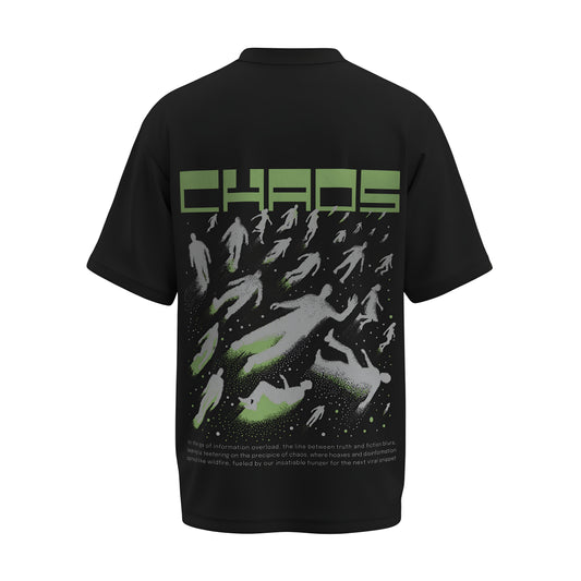 Back view of the premium oversized black t-shirt titled “Chaos” from Kashiba U with cool graphic design inspired by street art printed at the back of the t-shirt. Shop trendy streetwear graphic tee from the website of Kashiba U online. Buy Now!