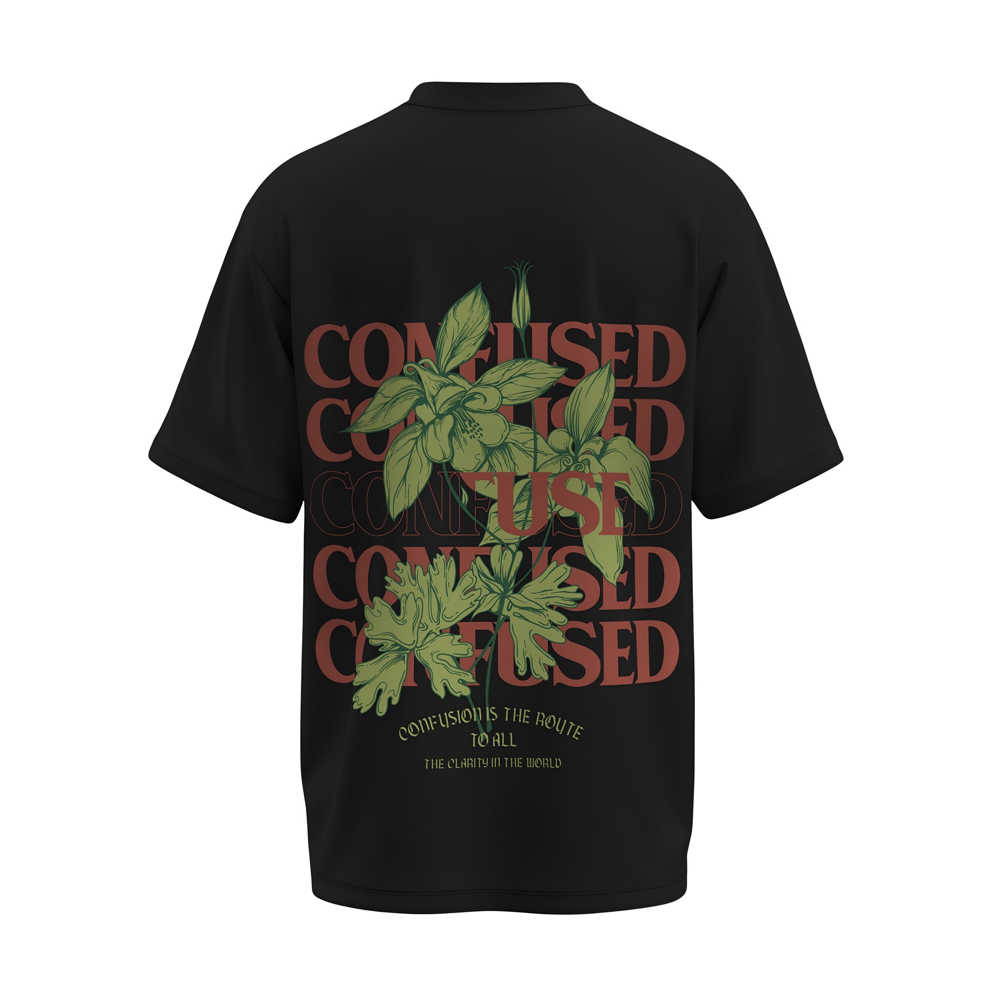 Back view of the premium oversized black t-shirt titled “Confused” from Kashiba U with cool graphic design inspired by street art printed at the back of the t-shirt. Shop trendy streetwear graphic tee from the website of Kashiba U online. Buy Now!