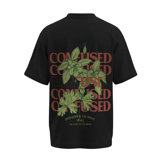 Back view of the premium oversized black t-shirt titled “Confused” from Kashiba U with cool graphic design inspired by street art printed at the back of the t-shirt. Shop trendy streetwear graphic tee from the website of Kashiba U online. Buy Now!
