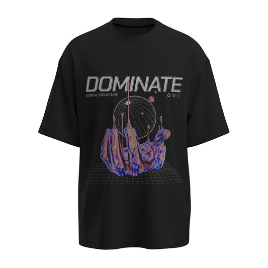 Front view of the premium oversized black t-shirt titled “Dominate” from Kashiba U with cool graphic design inspired by street art printed at the front of the t-shirt. Shop trendy streetwear graphic tee from the website of Kashiba U online. Buy Now!