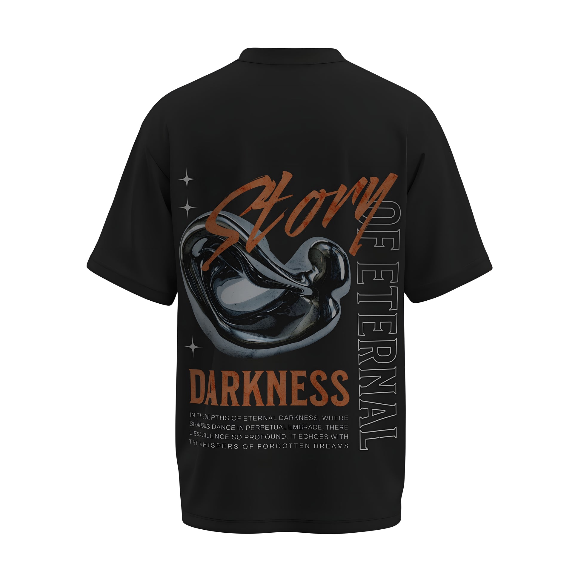 Back view of the premium oversized black t-shirt titled “Eternal Darkness” from Kashiba U with cool graphic design inspired by street art printed at the back of the t-shirt. Shop trendy streetwear graphic tee from the website of Kashiba U online. Buy Now!