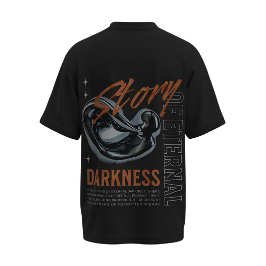 Back view of the premium oversized black t-shirt titled “Eternal Darkness” from Kashiba U with cool graphic design inspired by street art printed at the back of the t-shirt. Shop trendy streetwear graphic tee from the website of Kashiba U online. Buy Now!