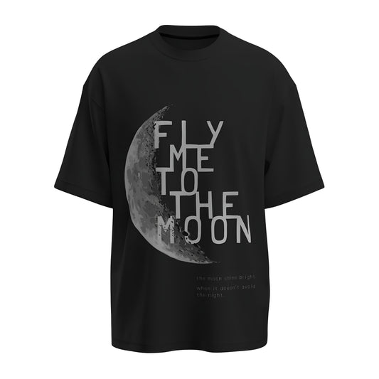 Front view of the premium oversized black t-shirt titled “Fly Me To The Moon” from Kashiba U with cool graphic design inspired by street art printed at the back of the t-shirt. Shop trendy streetwear graphic tee from the website of Kashiba U online. Buy Now!