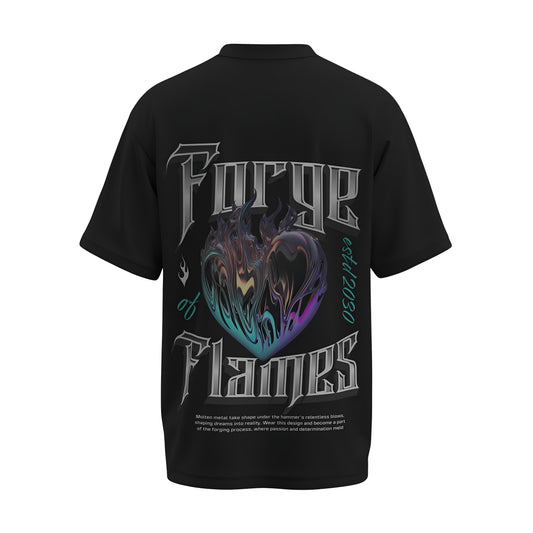 Bacl view of the premium oversized black t-shirt titled “Forge Flames” from Kashiba U with cool graphic design inspired by street art printed at the back of the t-shirt. Shop trendy streetwear graphic tee from the website of Kashiba U online. Buy Now!