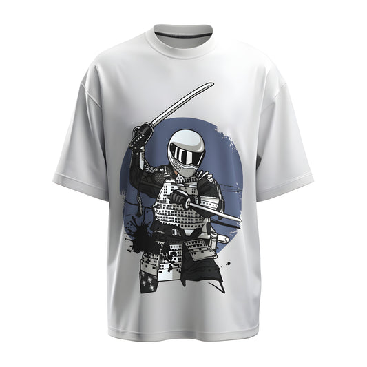 Front view of the premium oversized white t-shirt titled “Galactic Blades” from Kashiba U with cool graphic design inspired by street art printed at the front of the t-shirt. Shop trendy streetwear graphic tee from the website of Kashiba U online. Buy Now!