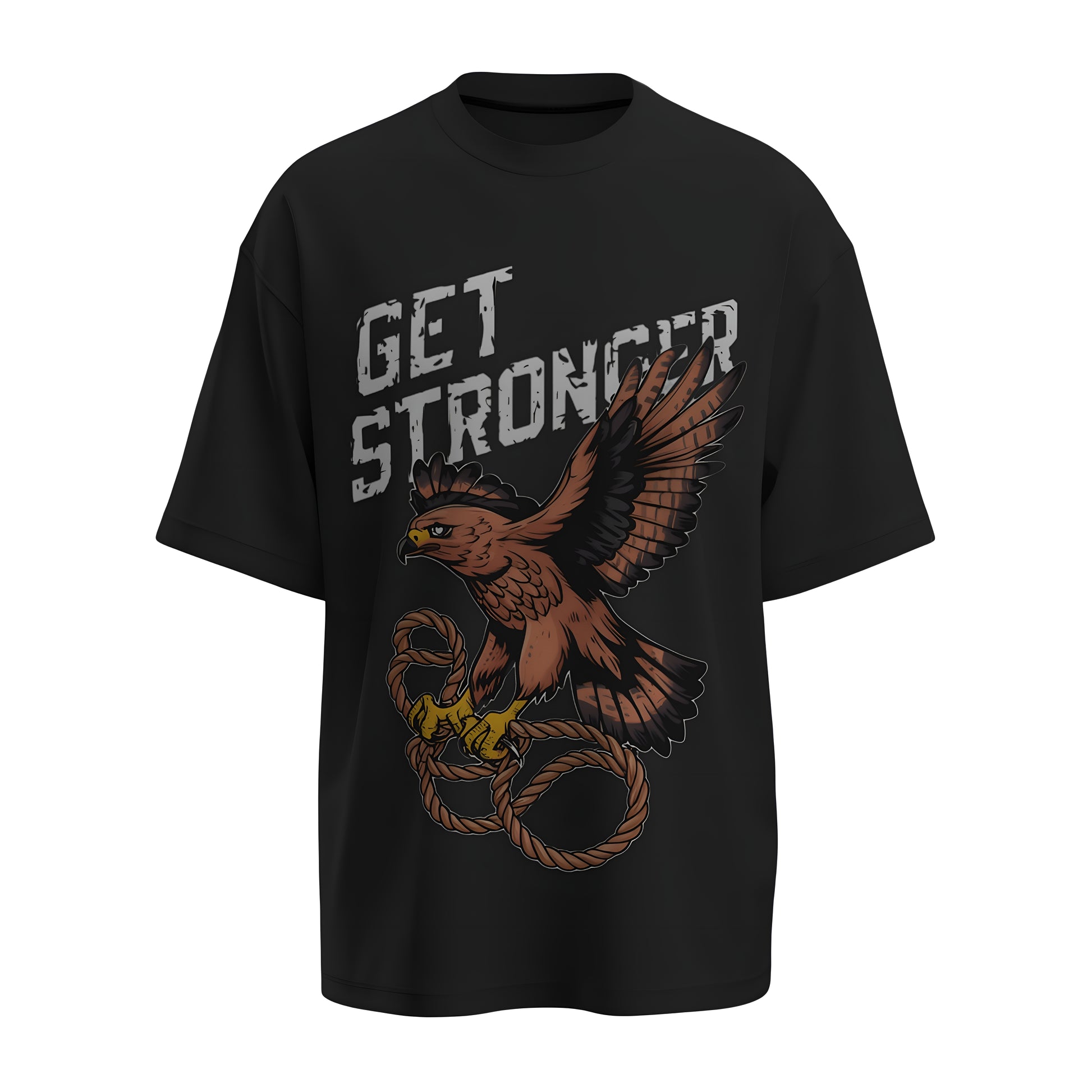 Front view of the premium oversized black t-shirt from Kashiba U with design inspired by the Eagle Gym printed at the front of the t-shirt with uplifting design perfect for gymrats for any workout. Shop trendy clothing from the website of Kashiba U online. Buy Now!