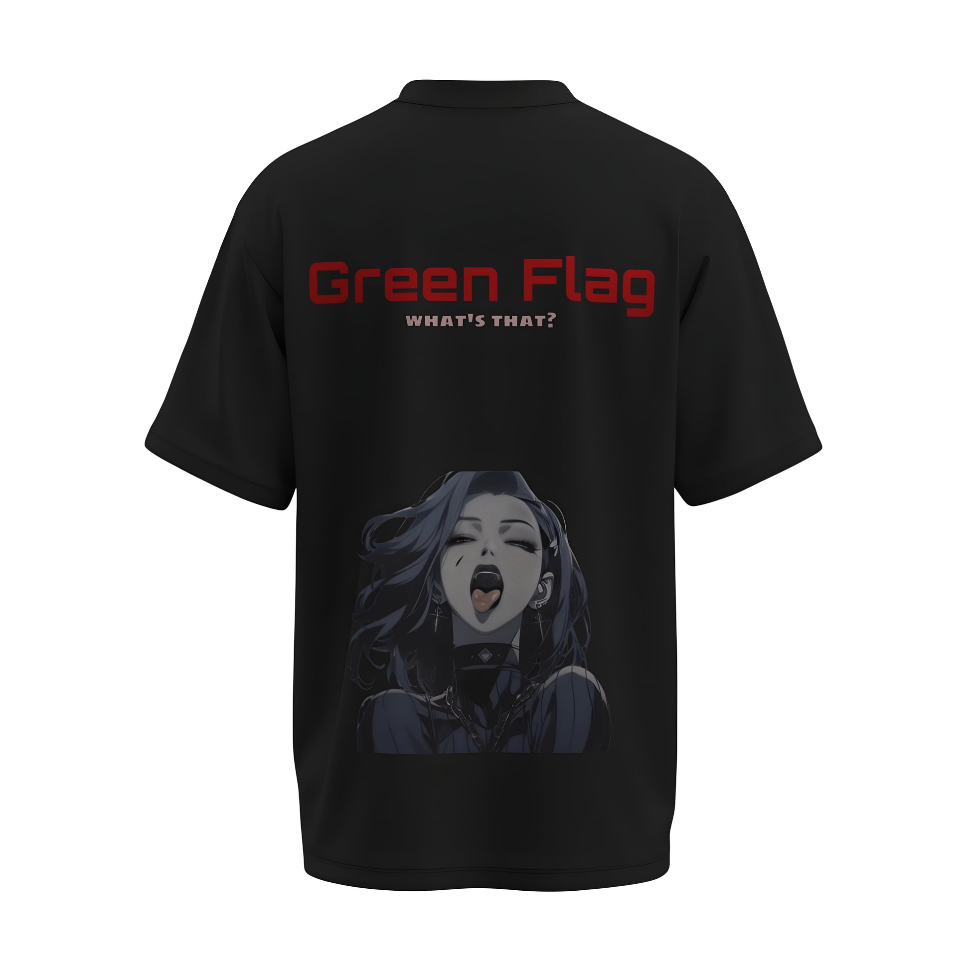 Back view of the premium oversized black t-shirt titled “Green Flag” from Kashiba U with cool graphic design inspired by street art printed at the back of the t-shirt. Shop trendy streetwear graphic tee from the website of Kashiba U online. Buy Now!