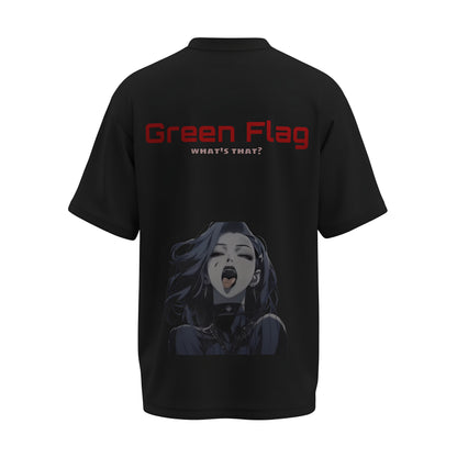 Back view of the premium oversized black t-shirt titled “Green Flag” from Kashiba U with cool graphic design inspired by street art printed at the back of the t-shirt. Shop trendy streetwear graphic tee from the website of Kashiba U online. Buy Now!