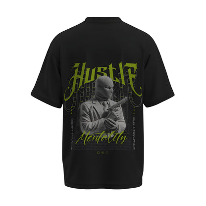 Back view of the premium oversized black t-shirt titled “Hustle” from Kashiba U with cool graphic design inspired by street art printed at the back of the t-shirt. Shop trendy streetwear graphic tee from the website of Kashiba U online. Buy Now!