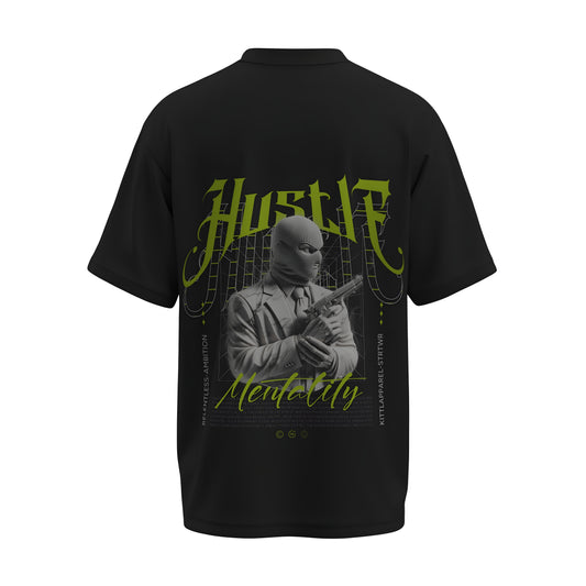 Back view of the premium oversized black t-shirt titled “Hustle” from Kashiba U with cool graphic design inspired by street art printed at the back of the t-shirt. Shop trendy streetwear graphic tee from the website of Kashiba U online. Buy Now!