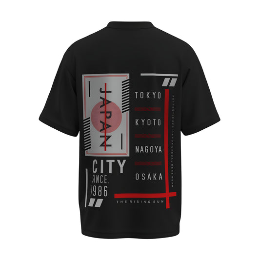 Back view of the premium oversized black t-shirt titled “Japan Street Style” from Kashiba U with cool graphic design inspired by street art printed at the back of the t-shirt. Shop trendy streetwear graphic tee from the website of Kashiba U online. Buy Now!