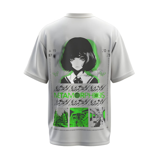 Back view of the premium oversized white t-shirt titled “Metamorphosis” from Kashiba U with cool graphic design inspired by street art printed at the back of the t-shirt. Shop trendy streetwear graphic tee from the website of Kashiba U online. Buy Now!