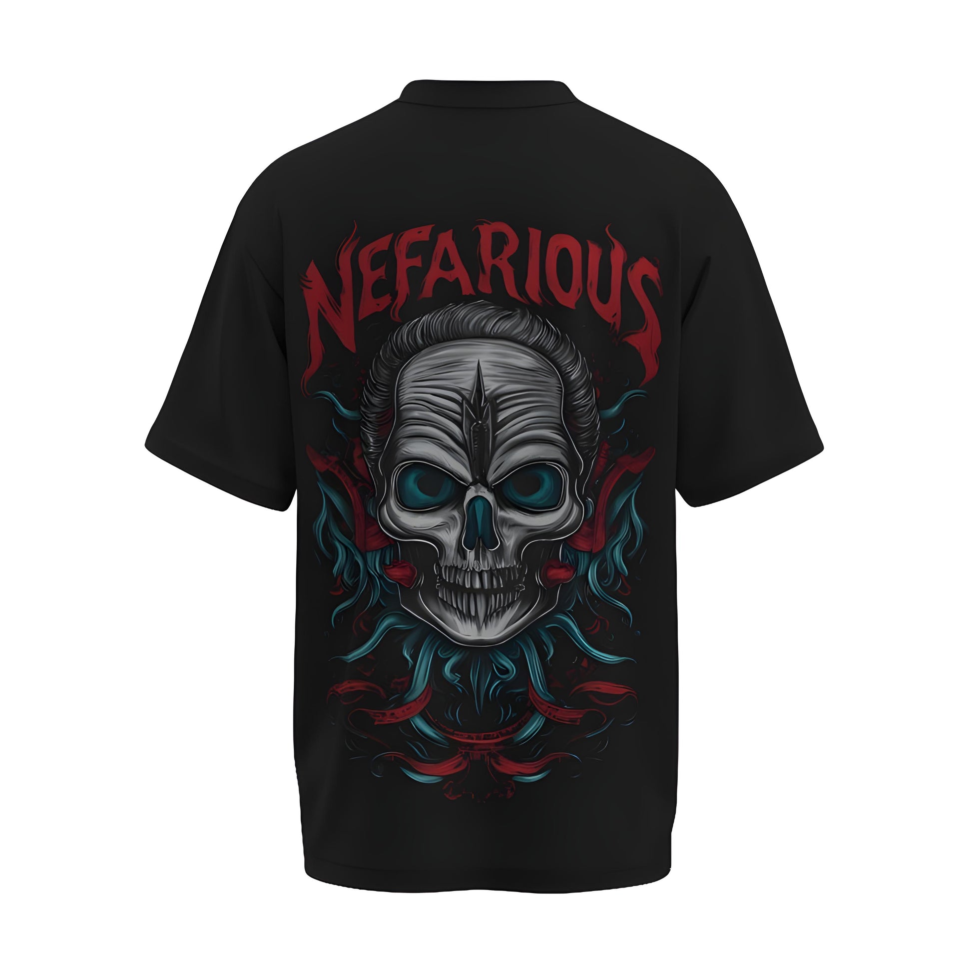 Back view of the premium oversized black t-shirt titled “Nefarious” from Kashiba U with cool graphic design inspired by street art printed at the back of the t-shirt. Shop trendy streetwear graphic tee from the website of Kashiba U online. Buy Now!