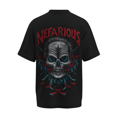 Back view of the premium oversized black t-shirt titled “Nefarious” from Kashiba U with cool graphic design inspired by street art printed at the back of the t-shirt. Shop trendy streetwear graphic tee from the website of Kashiba U online. Buy Now!