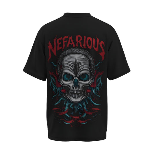 Back view of the premium oversized black t-shirt titled “Nefarious” from Kashiba U with cool graphic design inspired by street art printed at the back of the t-shirt. Shop trendy streetwear graphic tee from the website of Kashiba U online. Buy Now!