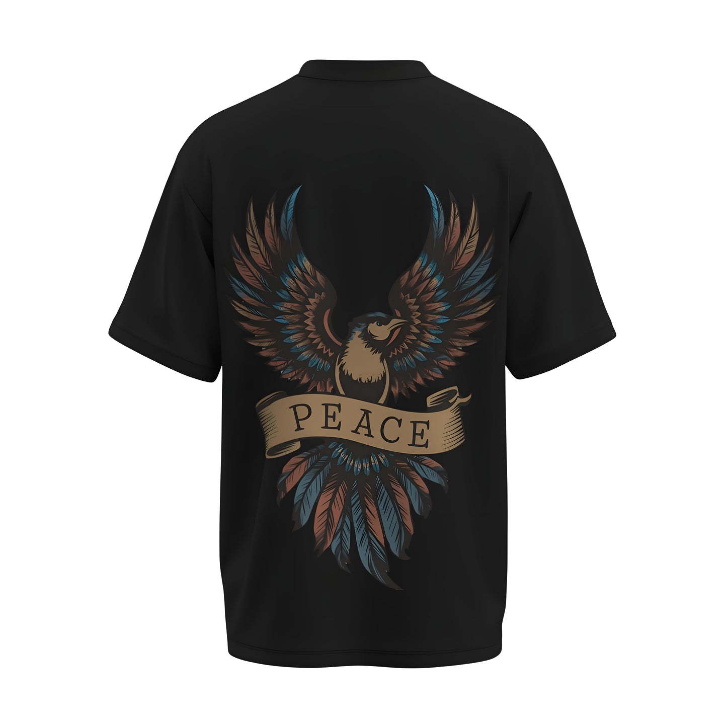Back view of the premium oversized black t-shirt titled “Peace” from Kashiba U with cool graphic design inspired by street art printed at the back of the t-shirt. Shop trendy streetwear graphic tee from the website of Kashiba U online. Buy Now!