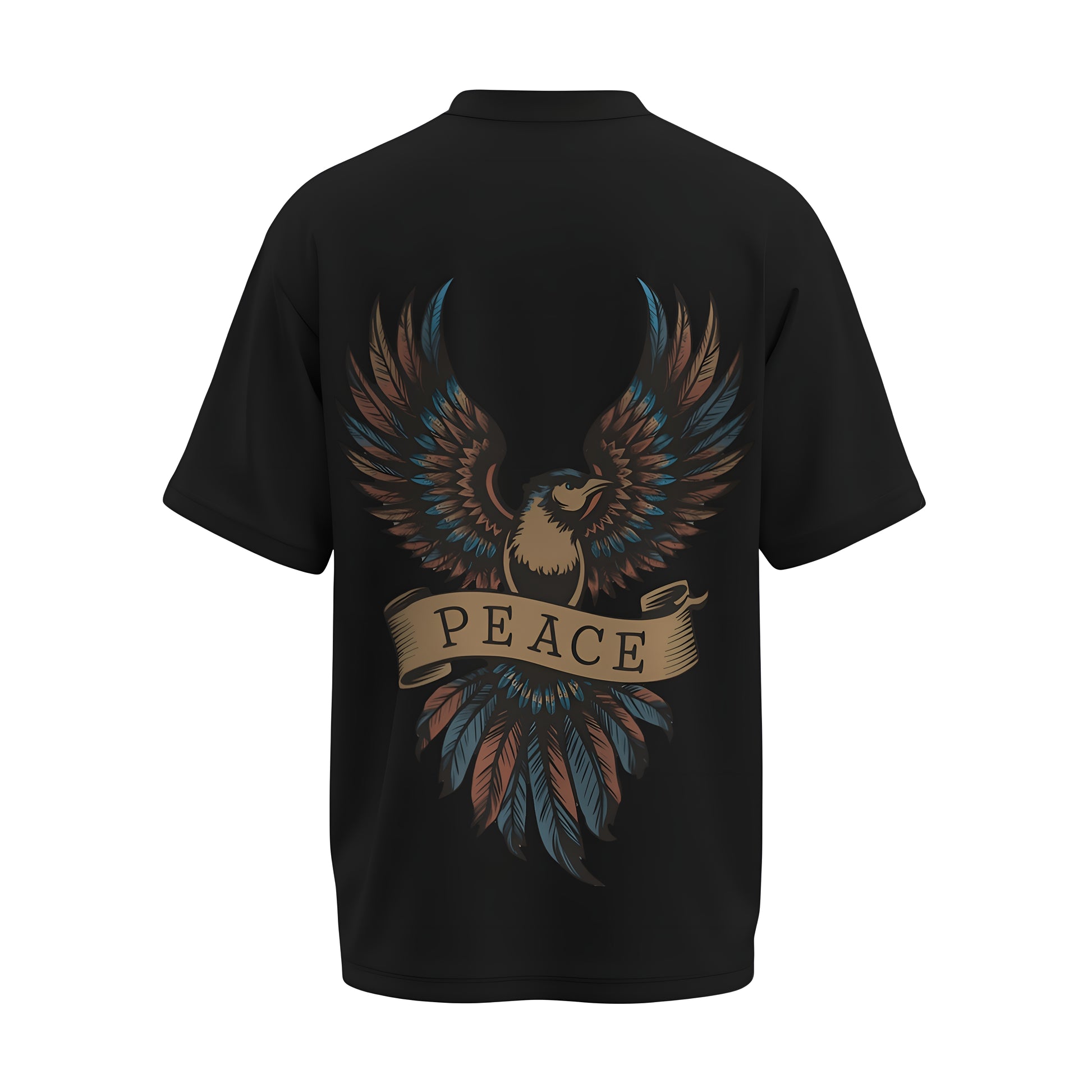 Back view of the premium oversized black t-shirt titled “Peace” from Kashiba U with cool graphic design inspired by street art printed at the back of the t-shirt. Shop trendy streetwear graphic tee from the website of Kashiba U online. Buy Now!