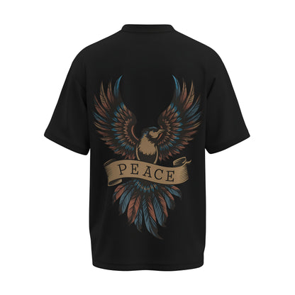 Back view of the premium oversized black t-shirt titled “Peace” from Kashiba U with cool graphic design inspired by street art printed at the back of the t-shirt. Shop trendy streetwear graphic tee from the website of Kashiba U online. Buy Now!