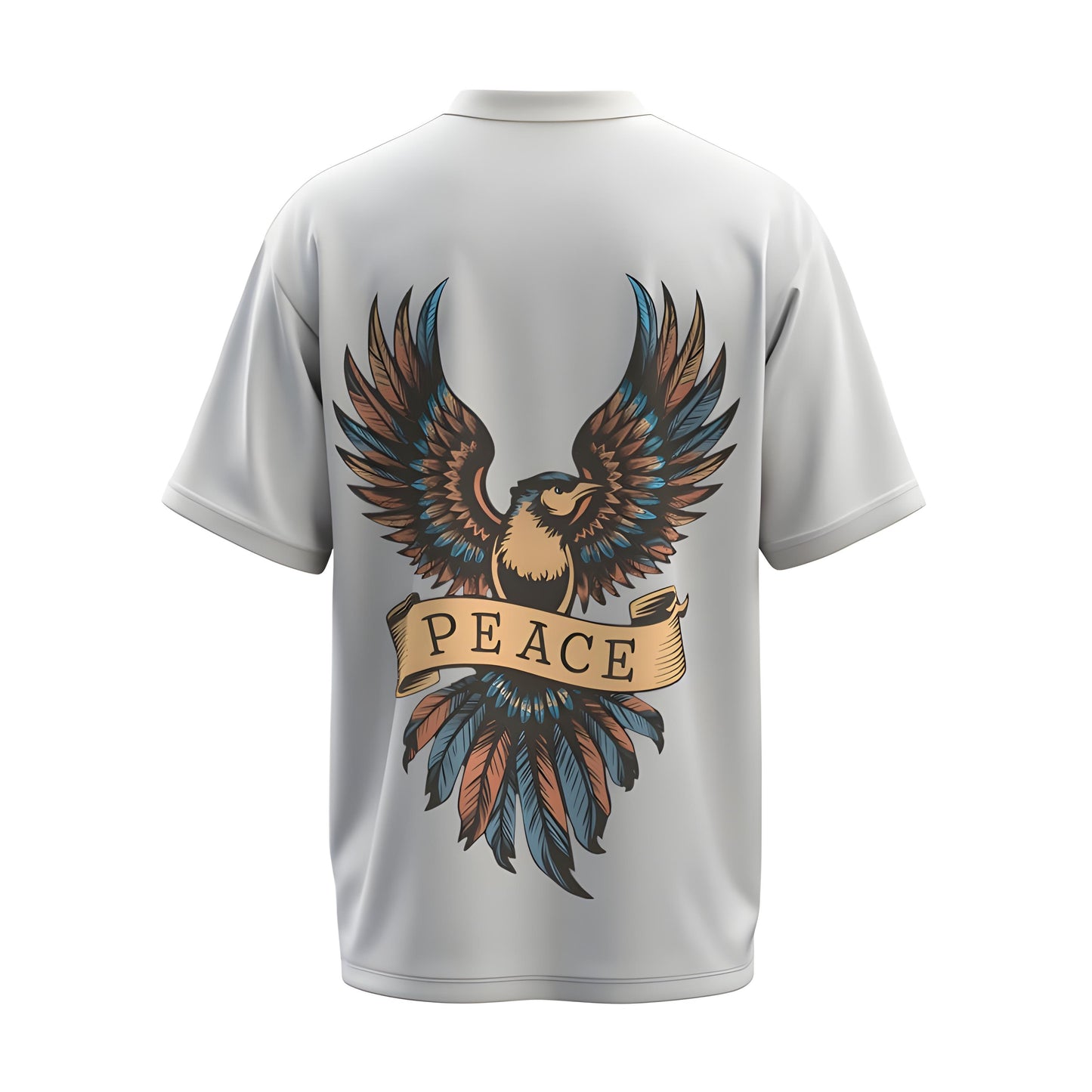Back view of the premium oversized white t-shirt titled “Peace” from Kashiba U with cool graphic design inspired by street art printed at the back of the t-shirt. Shop trendy streetwear graphic tee from the website of Kashiba U online. Buy Now!