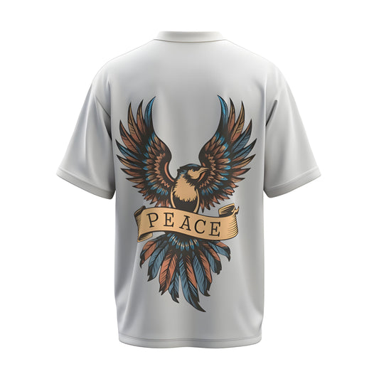 Back view of the premium oversized white t-shirt titled “Peace” from Kashiba U with cool graphic design inspired by street art printed at the back of the t-shirt. Shop trendy streetwear graphic tee from the website of Kashiba U online. Buy Now!