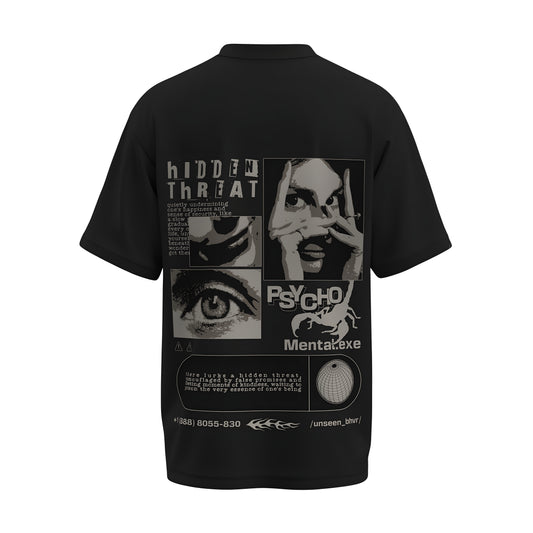 Back view of the premium oversized black t-shirt titled “Psycho” from Kashiba U with cool graphic design inspired by street art printed at the back of the t-shirt. Shop trendy streetwear graphic tee from the website of Kashiba U online. Buy Now!