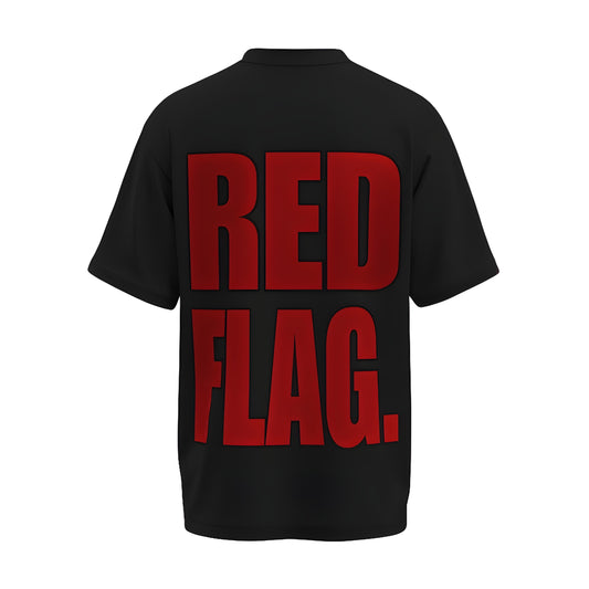 Back view of the premium oversized black t-shirt titled “RED FLAG” from Kashiba U with cool graphic design inspired by street art printed at the back of the t-shirt. Shop trendy streetwear graphic tee from the website of Kashiba U online. Buy Now!