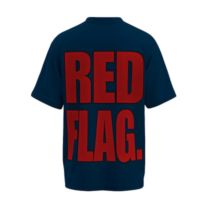 Back view of the premium oversized navy blue t-shirt titled “RED FLAG” from Kashiba U with cool graphic design inspired by street art printed at the back of the t-shirt. Shop trendy streetwear graphic tee from the website of Kashiba U online. Buy Now!