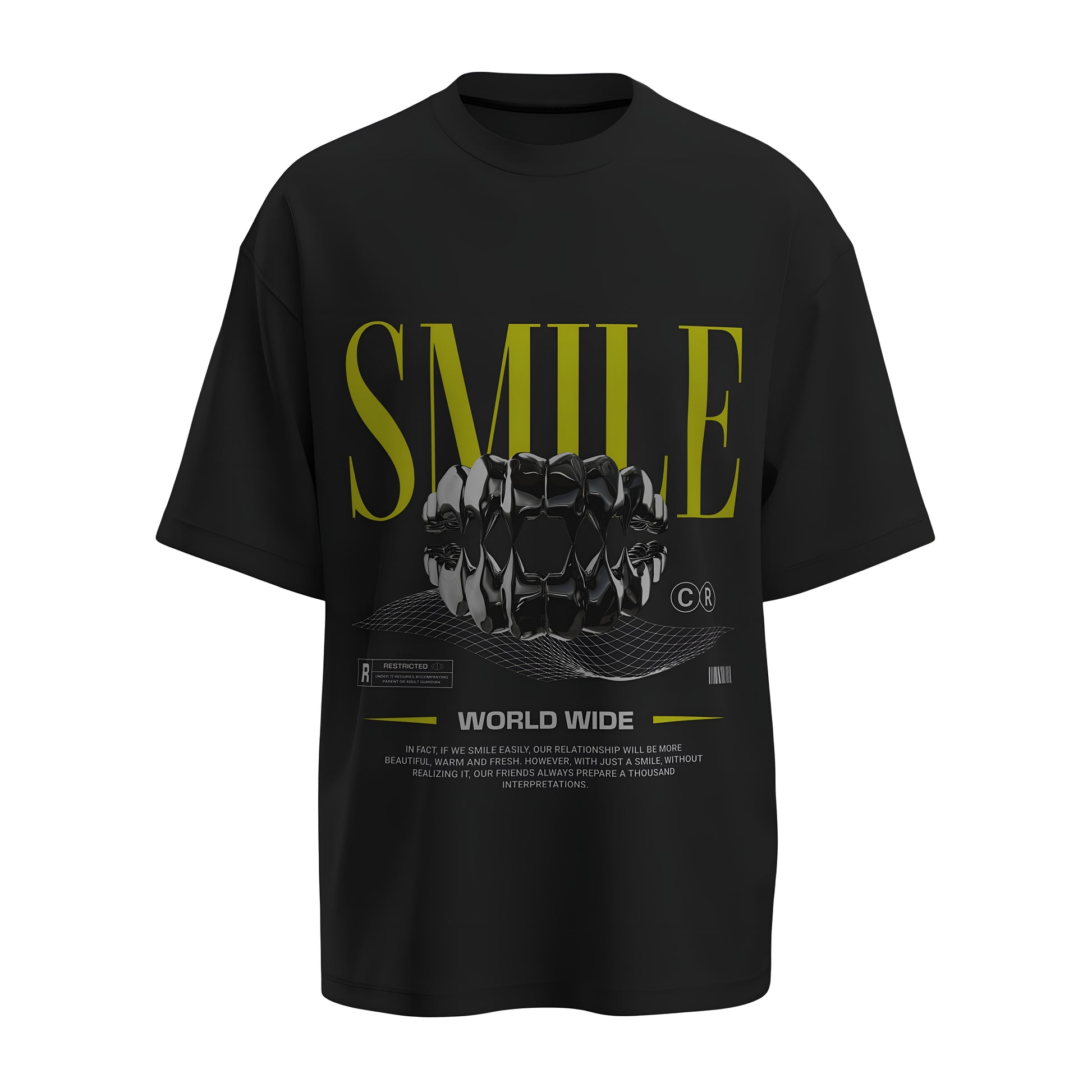 Front view of the premium oversized black t-shirt titled “Smile” from Kashiba U with cool graphic design inspired by street art printed at the back of the t-shirt. Shop trendy streetwear graphic tee from the website of Kashiba U online. Buy Now!