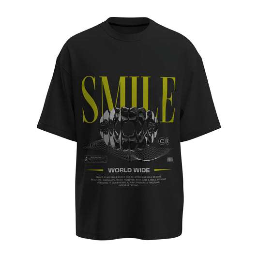 Front view of the premium oversized black t-shirt titled “Smile” from Kashiba U with cool graphic design inspired by street art printed at the back of the t-shirt. Shop trendy streetwear graphic tee from the website of Kashiba U online. Buy Now!