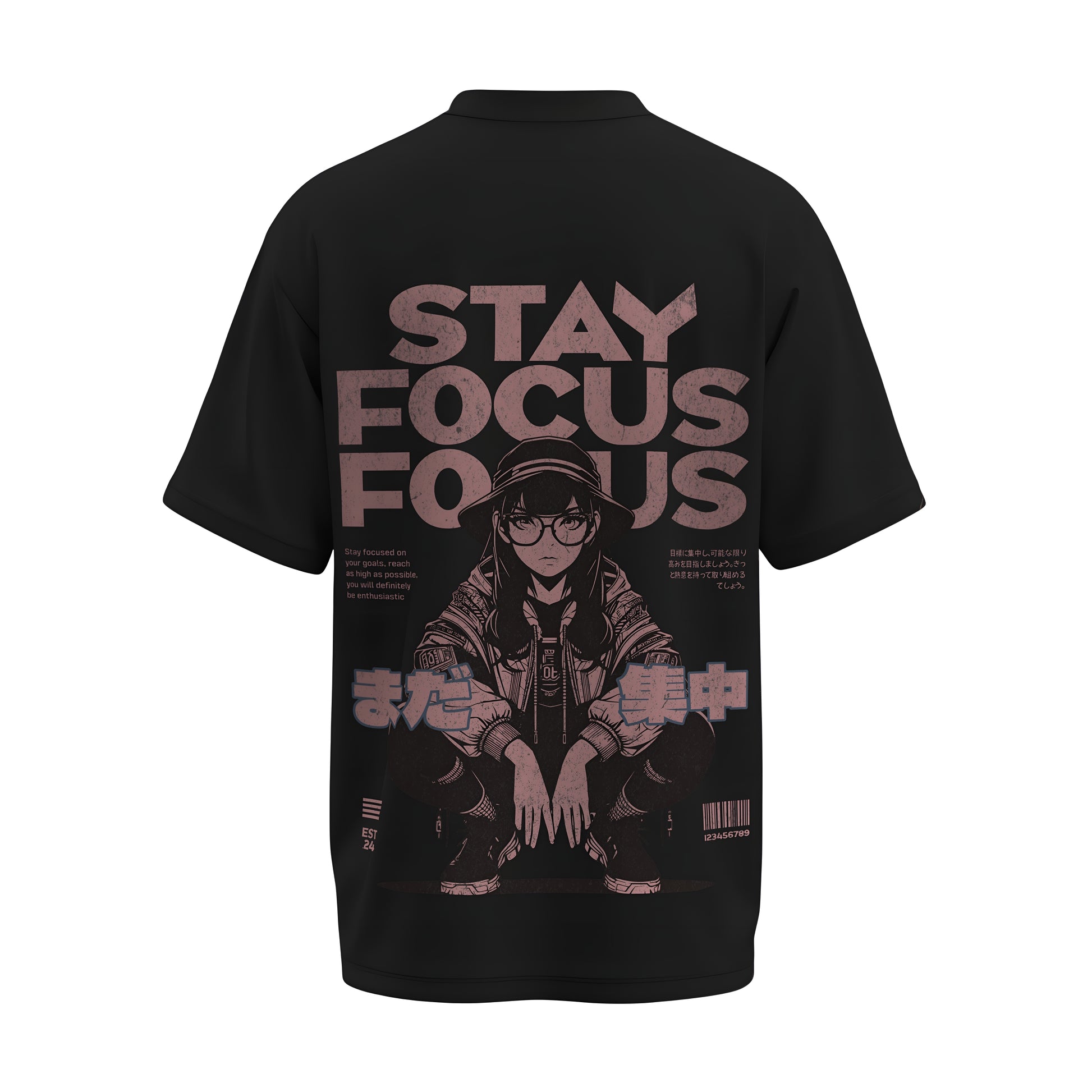 Back view of the premium oversized black t-shirt titled “Stay Focus” from Kashiba U with cool graphic design inspired by street art printed at the back of the t-shirt. Shop trendy streetwear graphic tee from the website of Kashiba U online. Buy Now!