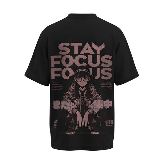 Back view of the premium oversized black t-shirt titled “Stay Focus” from Kashiba U with cool graphic design inspired by street art printed at the back of the t-shirt. Shop trendy streetwear graphic tee from the website of Kashiba U online. Buy Now!