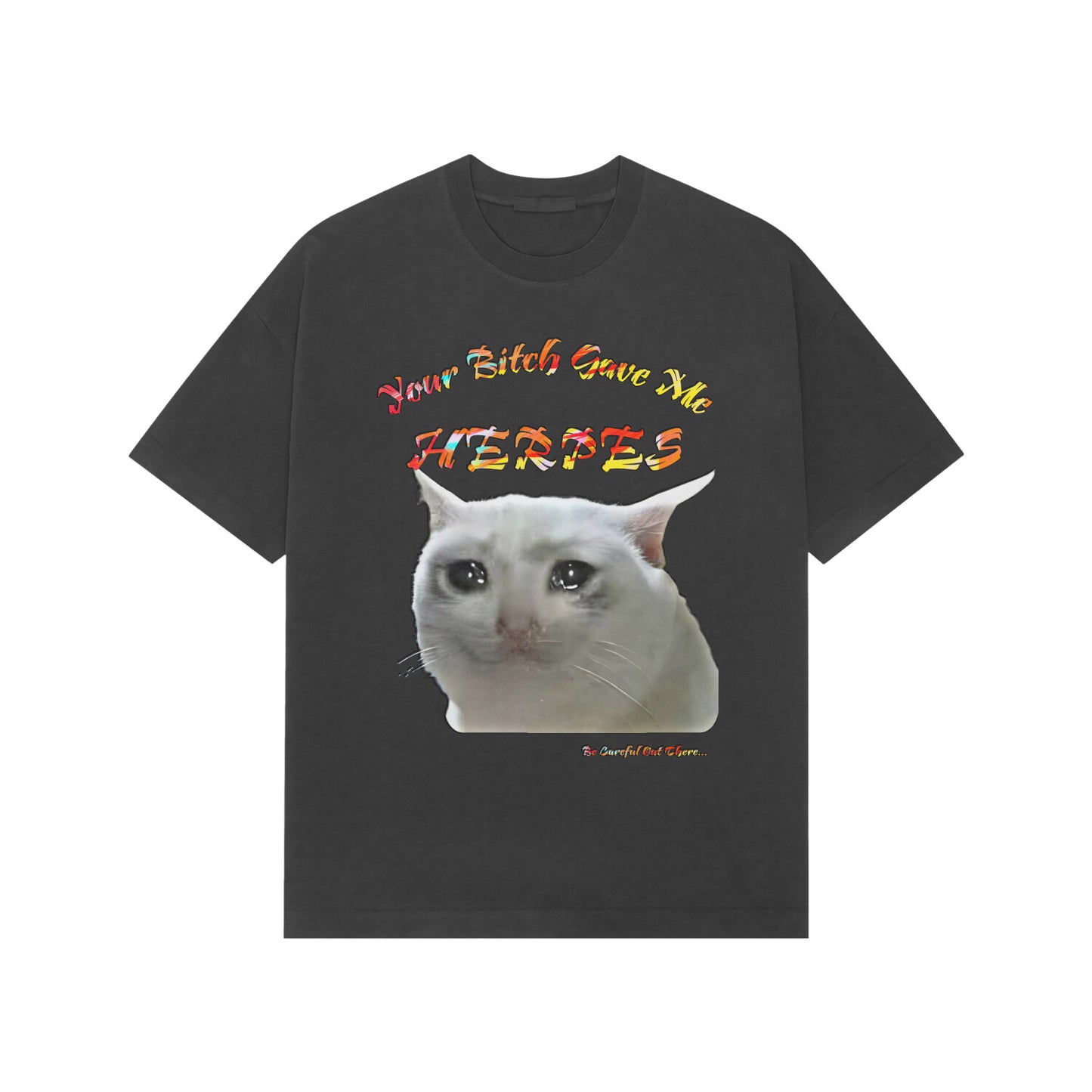 Front view of Street Herp Tee by Kashiba U. Description of the t-shirt: Black color with text "Your Bitch Gave Me Herpes" with the legendary cat meme design in the middle. At the end he text reads "Be Careful Out There",