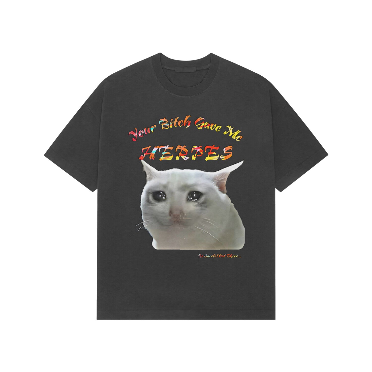 Front view of Street Herp Tee by Kashiba U. Description of the t-shirt: Black color with text "Your Bitch Gave Me Herpes" with the legendary cat meme design in the middle. At the end he text reads "Be Careful Out There",