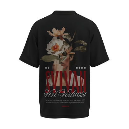 Back view of the premium oversized black t-shirt titled “Sylvan Veil Virtuosa” from Kashiba U with cool graphic design inspired by street art printed at the back of the t-shirt. Shop trendy streetwear graphic tee from the website of Kashiba U online. Buy Now!