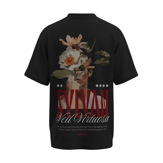 Back view of the premium oversized black t-shirt titled “Sylvan Veil Virtuosa” from Kashiba U with cool graphic design inspired by street art printed at the back of the t-shirt. Shop trendy streetwear graphic tee from the website of Kashiba U online. Buy Now!
