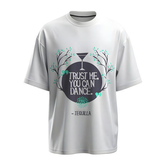 Front view of the premium oversized white t-shirt titled “Tequilla” from Kashiba U with cool graphic design inspired by street art printed at the front of the t-shirt. Shop trendy streetwear graphic tee from the website of Kashiba U online. Buy Now!