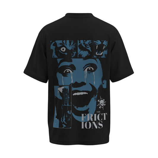 Back view of the premium oversized black t-shirt titled “The Frictions” from Kashiba U with cool graphic design inspired by street art printed at the back of the t-shirt. Shop trendy streetwear graphic tee from the website of Kashiba U online. Buy Now!