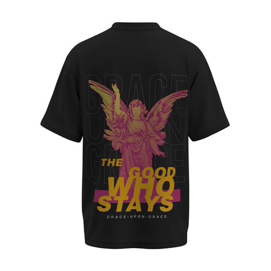 Back view of the premium oversized black t-shirt titled “The Good Who Stays” from Kashiba U with cool graphic design inspired by street art printed at the back of the t-shirt. Shop trendy streetwear graphic tee from the website of Kashiba U online. Buy Now!