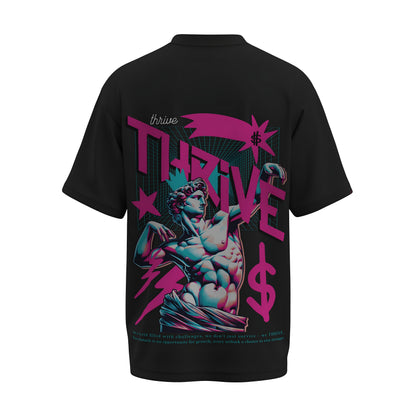 Back view of the premium oversized black t-shirt titled “Thrive” from Kashiba U with cool graphic design inspired by street art printed at the back of the t-shirt. Shop trendy streetwear graphic tee from the website of Kashiba U online. Buy Now!