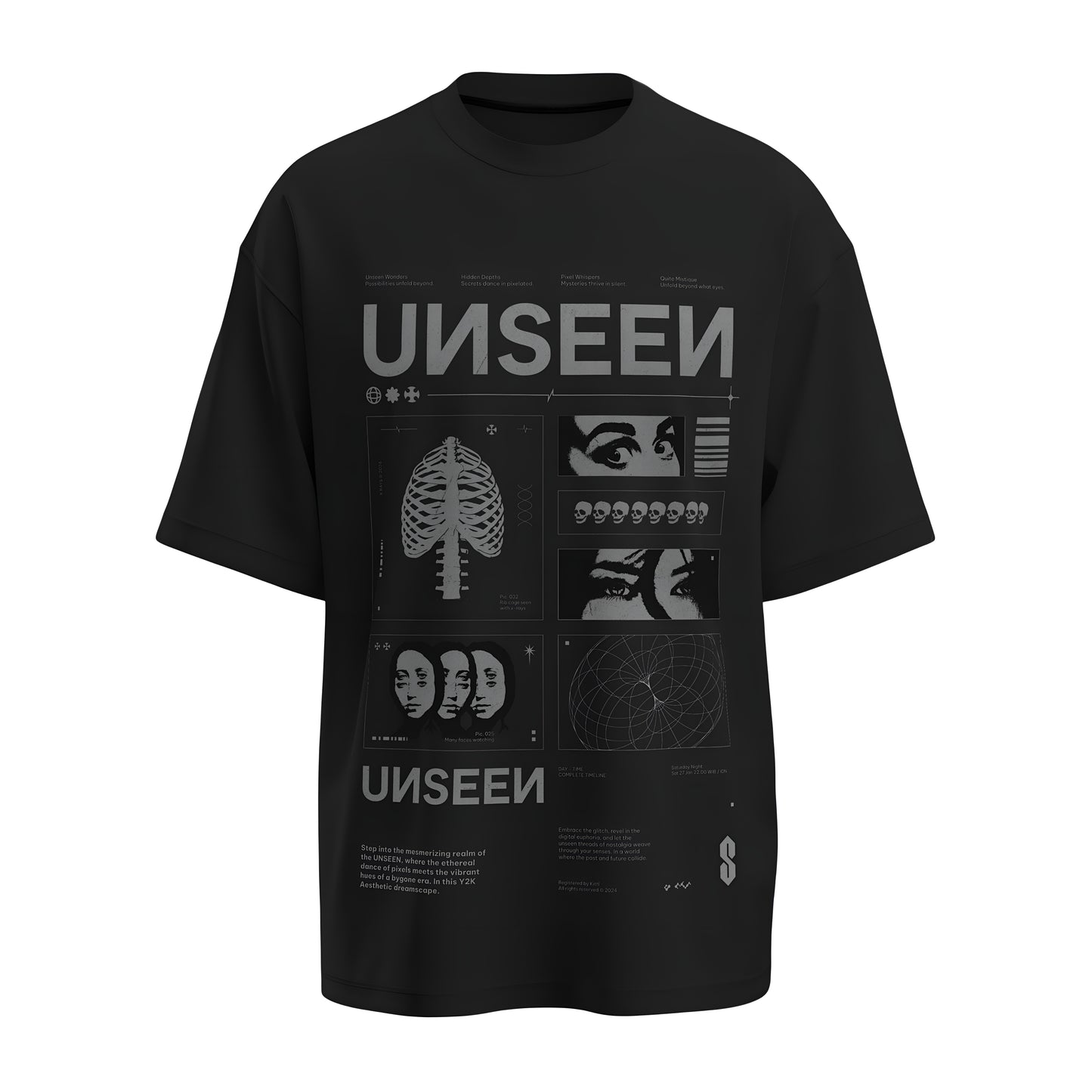 Front view of the premium oversized black t-shirt titled “Unseen” from Kashiba U with cool graphic design inspired by street art printed at the front of the t-shirt. Shop trendy streetwear graphic tee from the website of Kashiba U online. Buy Now!