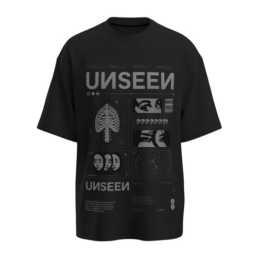 Front view of the premium oversized black t-shirt titled “Unseen” from Kashiba U with cool graphic design inspired by street art printed at the front of the t-shirt. Shop trendy streetwear graphic tee from the website of Kashiba U online. Buy Now!