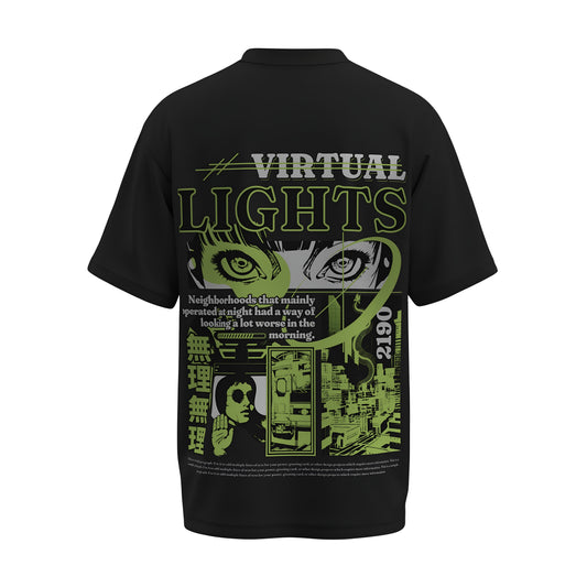 Back view of the premium oversized black t-shirt titled “Virtual Lights” from Kashiba U with cool graphic design inspired by street art printed at the back of the t-shirt. Shop trendy streetwear graphic tee from the website of Kashiba U online. Buy Now!