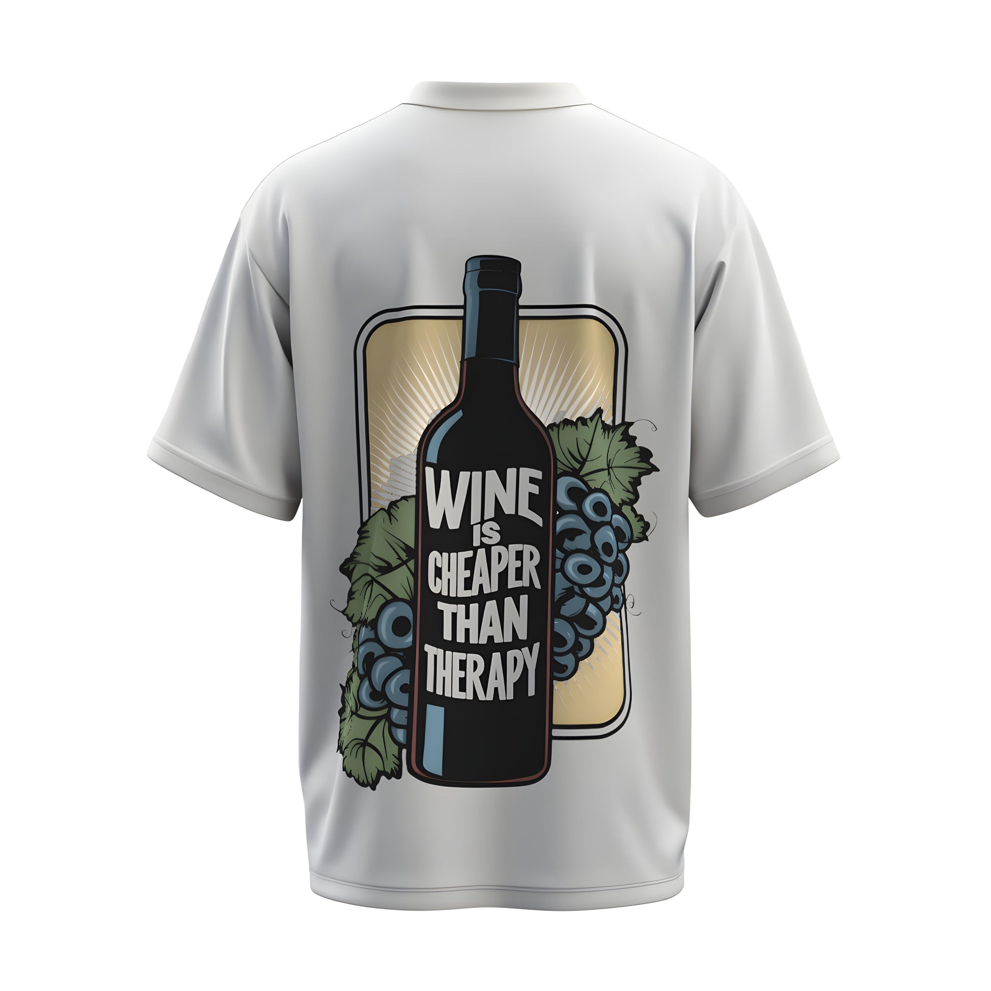 Back view of the premium oversized white t-shirt titled “Wine Is Cheaper Than Therapy” from Kashiba U with cool graphic design inspired by street art printed at the back of the t-shirt. Shop trendy streetwear graphic tee from the website of Kashiba U online. Buy Now!
