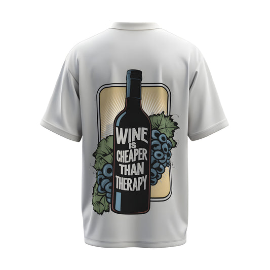 Back view of the premium oversized white t-shirt titled “Wine Is Cheaper Than Therapy” from Kashiba U with cool graphic design inspired by street art printed at the back of the t-shirt. Shop trendy streetwear graphic tee from the website of Kashiba U online. Buy Now!